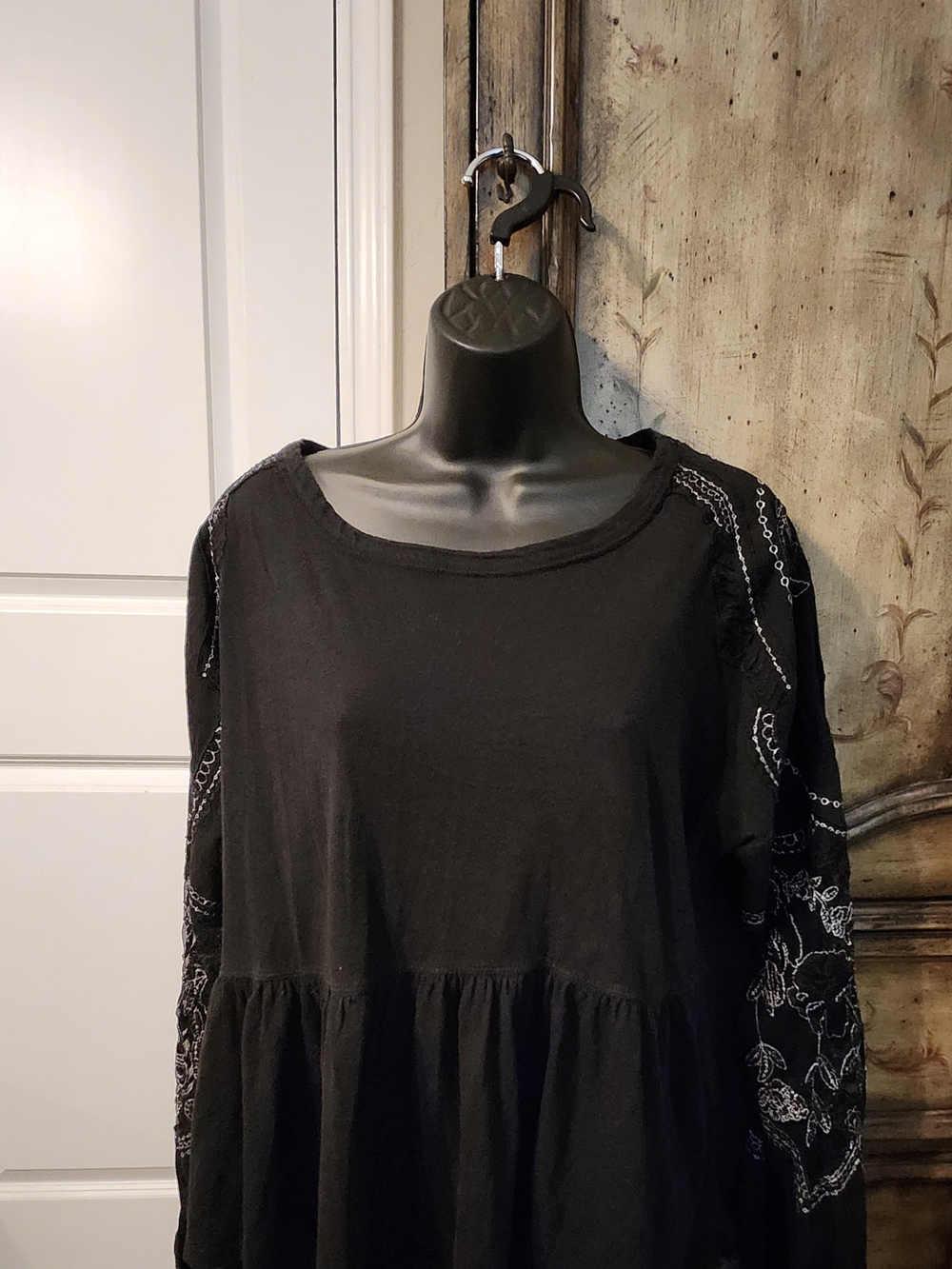 Free People "Penny" Peplum Cropped Embroidery Sheer And Lace Detail Black